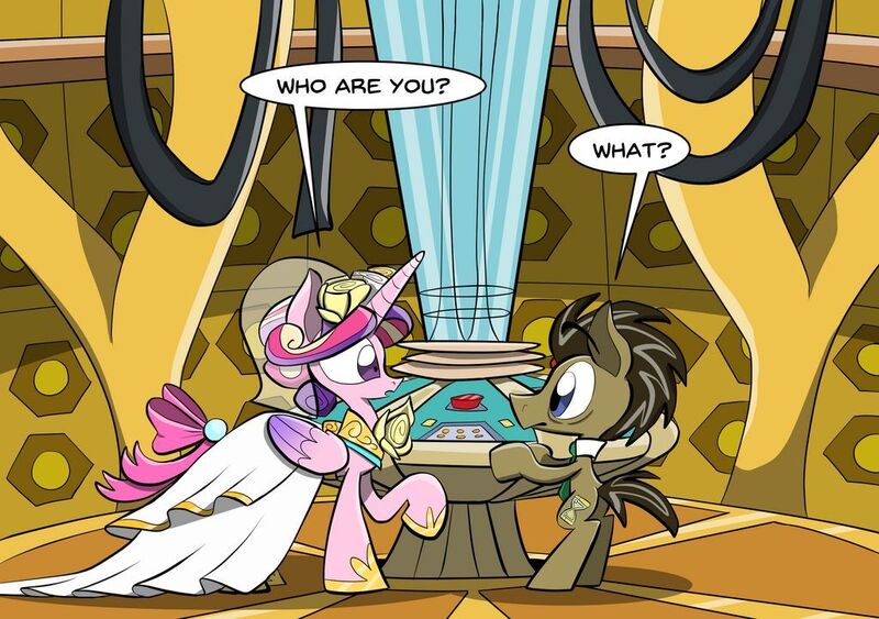 Size: 1024x721 | Tagged: safe, artist:joeywaggoner, derpibooru import, doctor whooves, princess cadance, time turner, ponified, alicorn, earth pony, pony, clothes, confused, crossover, doctor who, dress, female, height difference, image, jpeg, male, mare, necktie, older, ponified scene, stallion, standing on two hooves, tardis, tardis console room, tardis control room, the doctor, the runaway bride, wedding dress