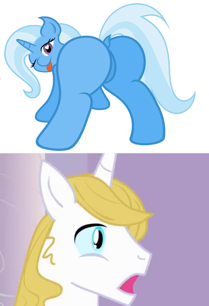 Size: 984x1440 | Tagged: suggestive, artist:slb94, derpibooru import, edit, prince blueblood, trixie, pony, unicorn, bluetrix, butt, female, image, male, mare, one eye closed, plot, png, presenting, shipping, shipping domino, straight, tongue out, wink