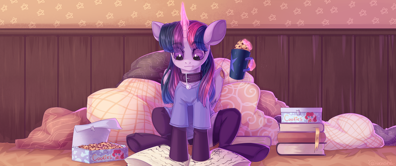 Size: 4778x2000 | Tagged: safe, artist:neonishe, derpibooru import, twilight sparkle, twilight sparkle (alicorn), alicorn, pony, book, clothes, collar, cookie, female, food, glowing horn, high res, horn, image, levitation, magic, mare, pet tag, pillow, png, reading, shirt, sitting, socks, solo, stockings, t-shirt, telekinesis, thigh highs