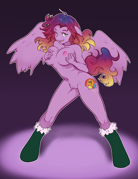 Size: 1836x2376 | Tagged: questionable, artist:hot headed clover, derpibooru import, pinkie pie, rainbow dash, anthro, pegasus, unguligrade anthro, big breasts, breast grab, breasts, clothes, featureless crotch, fusion, grope, image, looking at you, nipples, nudity, open mouth, png, pubic fluff, self grope, smiling, socks, solo