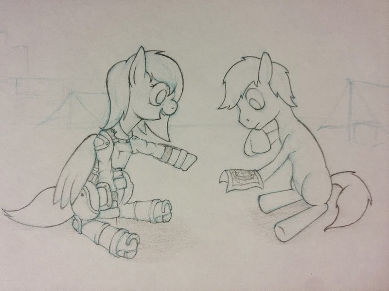 Size: 892x669 | Tagged: artist needed, source needed, safe, derpibooru import, oc, oc:sunfall, unofficial characters only, comic:sunfall, fallout equestria, /foe/, image, jpeg, monochrome, traditional art