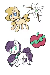 Size: 1080x1626 | Tagged: safe, artist:demibowties, derpibooru import, oc, unofficial characters only, earth pony, pony, apple, bowtie, cute, cutie mark, female, filly, flower, food, freckles, image, magical lesbian spawn, offspring, parent:applejack, parent:rarity, parents:rarijack, png, siblings, sisters