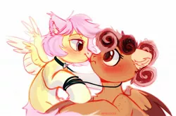 Size: 2048x1350 | Tagged: suggestive, artist:_mpiesocks, artist:raily, derpibooru import, oc, oc:hannelorakkerman, unofficial characters only, pegasus, pony, blushing, collar, freckles, image, jpeg, leash, licking, looking into each others eyes, not fluttershy, nuzzling, pet play, tongue out