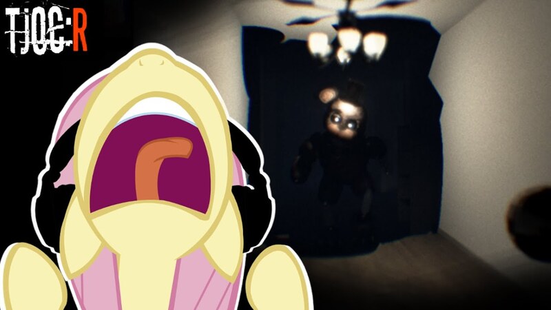 Size: 1280x720 | Tagged: safe, artist:vannamelon, derpibooru import, fluttershy, pegasus, pony, crossover, five nights at freddy's, game, headphones, ignited freddy, image, jpeg, nose in the air, open mouth, reaction, reaction image, screaming, the joy of recreation: reborn, youtube, youtube link