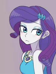 Size: 1620x2160 | Tagged: safe, artist:haibaratomoe, derpibooru import, rarity, equestria girls, :c, blushing, breasts, busty rarity, clothes, cutie mark, cutie mark on clothes, female, frown, geode of shielding, image, jpeg, looking back, magical geodes, purple background, rarity peplum dress, simple background, solo