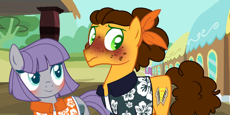 Size: 1186x594 | Tagged: safe, artist:meimelland, derpibooru import, cheese sandwich, maud pie, earth pony, alternate universe, base used, blushing, blushing profusely, clothes, colored pupils, female, freckles, hawaiian shirt, image, male, maudwich, png, shipping, shirt, smiling, straight, train, wavy mouth