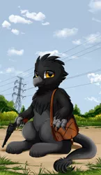 Size: 3000x5159 | Tagged: safe, artist:pridark, derpibooru import, oc, unofficial characters only, gryphon, absurd resolution, commission, glasses, griffon oc, gun, handgun, image, male, outdoors, png, power line, revolver, shoulder bag, sitting, solo, weapon