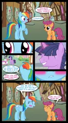 Size: 1280x2300 | Tagged: safe, artist:bigsnusnu, derpibooru import, rainbow dash, scootaloo, twilight sparkle, pegasus, pony, unicorn, comic:dusk shine in pursuit of happiness, blushing, comic, dialogue, dusk shine, female, filly, food, half r63 shipping, ice cream, image, lip bite, male, mare, png, rule 63, scooter, shipping, smiling, speech bubble, stallion, unicorn twilight