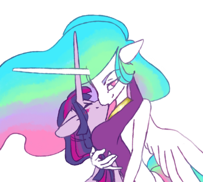 Size: 900x806 | Tagged: safe, artist:vautaryt, derpibooru import, princess celestia, twilight sparkle, anthro, female, horn, horns are touching, hug, image, impossibly large horn, kissing, large horn, lesbian, looking at you, png, shipping, simple background, transparent background, twilestia