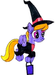 Size: 2280x3110 | Tagged: safe, artist:topsangtheman, derpibooru import, cloud kicker, pegasus, pony, clothes, costume, flying, halloween, holiday, image, png, simple background, solo, traditional art, transparent background, trick or treat, witch