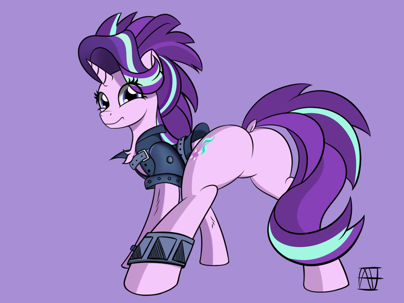 Size: 2070x1552 | Tagged: suggestive, artist:naen, derpibooru import, starlight glimmer, pony, unicorn, alternate hairstyle, butt, clothes, colored, dock, edgelight glimmer, female, flat colors, gameloft, gameloft interpretation, glimmer glutes, image, mare, plot, png, punk, solo