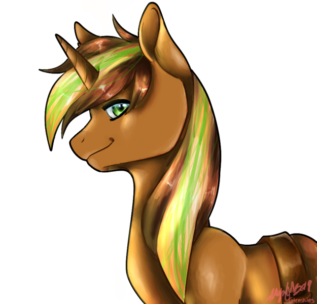 Size: 950x912 | Tagged: safe, artist:eli fall, derpibooru import, oc, oc:chiller sway, unofficial characters only, pony, bust, image, jawline, looking at you, male, png, side view, simple background, sling, smiling, solo, transparent background