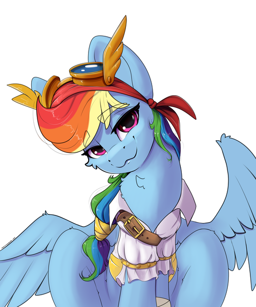 Size: 2500x3000 | Tagged: safe, artist:skitsniga, derpibooru import, rainbow dash, pegasus, pony, my little pony: the movie, cheek fluff, clothes, female, goggles, high res, image, pirate, pirate dash, png, simple background, sitting, smiling, solo, spread wings, white background, wings