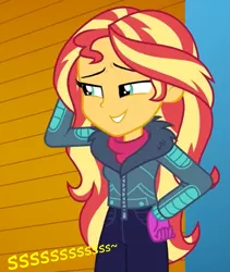 Size: 609x720 | Tagged: suggestive, artist:thedarkpony, derpibooru import, edit, edited screencap, screencap, sunset shimmer, equestria girls, equestria girls series, holidays unwrapped, spoiler:eqg series (season 2), clothes, cropped, female, fetish, image, implied pissing, implied urine, implied wetting, onomatopoeia, pee edit, peeing in pants, png, urine, watersports, winter break-in, winter outfit