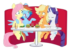 Size: 5068x3458 | Tagged: safe, artist:chub-wub, derpibooru import, applejack, fluttershy, rainbow dash, rarity, earth pony, pegasus, pony, unicorn, alternate hairstyle, bowl, burger, chest fluff, date, double date, drink, female, flutterdash, food, freckles, glass, glowing horn, hay burger, horn, hug, image, lesbian, lettuce, levitation, magic, mare, open mouth, plate, png, raised hoof, rarijack, salad, seat, shipping, simple background, soda, soup, spoon, straw, table, telekinesis, tomato, transparent background