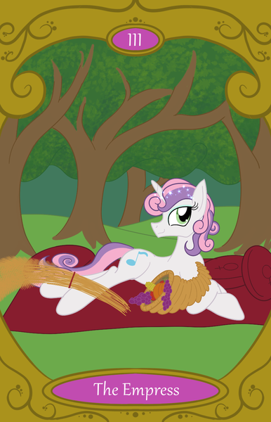 Size: 900x1400 | Tagged: safe, artist:sixes&sevens, derpibooru import, sweetie belle, alternate cutie mark, cornucopia, food, forest, forest background, fruit, image, older, older sweetie belle, pillow, png, tarot card, the empress, tree, wheat