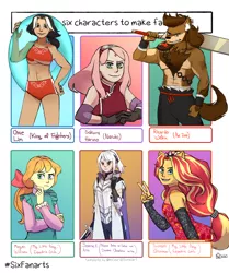 Size: 3000x3582 | Tagged: safe, artist:_stashio, derpibooru import, megan williams, sunset shimmer, anthro, human, six fanarts, equestria girls, breasts, chae lim, clothes, crossover, evening gloves, female, fingerless elbow gloves, fingerless gloves, floaty, g1, gloves, image, jpeg, king of fighters, long gloves, male, naruto, naze boku no sekai wo daremo oboeteinai no ka, pants, partial nudity, peace sign, ponied up, re:zero, ricardio, sakura haruno, smiling, sword, thinking, topless, weapon