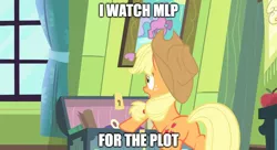 Size: 888x483 | Tagged: safe, derpibooru import, edit, edited screencap, screencap, applejack, somepony to watch over me, applebutt, butt, caption, image, image macro, i watch it for the plot, plot, png, solo, text, wordplay