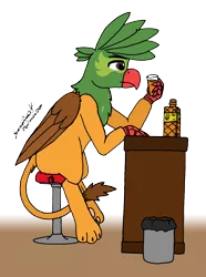 Size: 6044x8106 | Tagged: safe, artist:summerium, derpibooru import, oc, oc:kalimu, unofficial characters only, gryphon, alcohol, bottle, counter, glass, image, male, png, sierra nevada, simple background, solo, stool, transparent background, trash can, whiskey