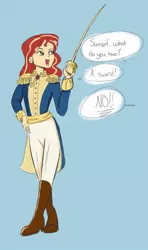 Size: 603x1019 | Tagged: safe, artist:pettypop, derpibooru import, edit, editor:thomasfan45, sunset shimmer, human, equestria girls, blue background, boots, clothes, cropped, epaulettes, female, funny, image, jacket, jewel, jpeg, open mouth, pants, royal guard, shoes, simple background, smiling, soldier, solo, speech bubble, sword, uniform, weapon