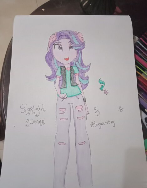 Size: 1344x1714 | Tagged: safe, artist:payshiechastityart, derpibooru import, starlight glimmer, equestria girls, beanie, clothes, female, hat, image, jpeg, pants, solo, traditional art, vest