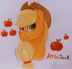 Size: 1920x1828 | Tagged: safe, artist:pigeorgien, derpibooru import, applejack, earth pony, pony, apple, applejack's hat, bust, cowboy hat, cute, cutie mark, female, food, freckles, hat, image, jackabetes, jpeg, mare, pigeorgien is trying to murder us, portrait, smiling, solo, traditional art