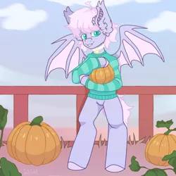 Size: 2520x2520 | Tagged: safe, artist:jackselit, derpibooru import, oc, oc:crescent charm, bat pony, bat pony oc, bat wings, clothes, image, jewelry, necklace, png, pumpkin, solo, sweater, wings