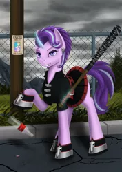 Size: 2480x3507 | Tagged: safe, artist:dezdark, derpibooru import, princess celestia, starlight glimmer, pony, unicorn, anarchism, anarchist, barbed wire, baseball bat, bottle, clothes, coke bottle, cola cola, ear piercing, edgelight glimmer, fangs, female, gameloft, image, mare, piercing, png, punk, skirt, solo, wanted poster, weapon