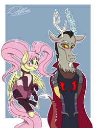 Size: 768x1024 | Tagged: safe, artist:delfinaluther, derpibooru import, discord, fluttershy, draconequus, pegasus, blushing, crossover, discoshy, entrapta, female, hordak, image, male, pigtails, png, she-ra and the princesses of power, shipping, straight