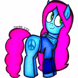 Size: 1264x1264 | Tagged: safe, artist:insomniaqueen, derpibooru import, oc, unofficial characters only, earth pony, pony, clothes, earth pony oc, female, image, jpeg, mare, neckerchief, peace symbol, signature, simple background, smiling, solo, traditional art, white background