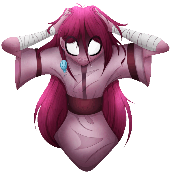 Size: 2617x2665 | Tagged: safe, alternate version, artist:mywasasi, derpibooru import, pinkie pie, equestria girls, :c, animated, balloon, bandage, creepy, ear piercing, earring, frown, gif, hands on head, image, jewelry, loose hair, piercing, pinkamena diane pie, shifty eyes, shrunken pupils, simple background, solo, transparent background