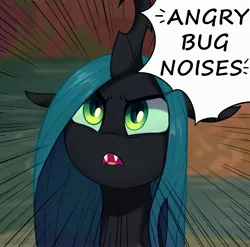 Size: 3200x3163 | Tagged: safe, alternate version, artist:maren, derpibooru import, queen chrysalis, changeling, changeling queen, angry, angry horse noises, bugs doing bug things, cute, cutealis, descriptive noise, female, frown, glare, horse noises, image, jpeg, looking at you, looking up, madorable, motion lines, open mouth, scene interpretation, solo, text