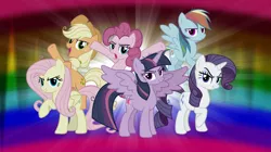 Size: 1280x719 | Tagged: safe, artist:andoanimalia, derpibooru import, mean applejack, mean fluttershy, mean pinkie pie, mean rainbow dash, mean rarity, mean twilight sparkle, alicorn, earth pony, pegasus, pony, unicorn, the mean 6, applejack's hat, bipedal, clone, cowboy hat, female, hat, hoof in air, hooves in air, image, looking at you, mare, mean six, png, raised hoof, vector, y pose