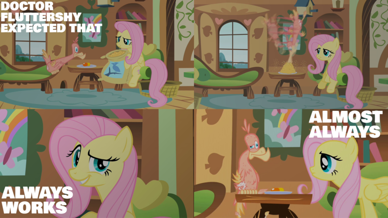 Size: 1986x1117 | Tagged: safe, derpibooru import, edit, edited screencap, editor:quoterific, screencap, fluttershy, philomena, bird, pony, a bird in the hoof, always works, bird seed, breaking the fourth wall, cottage, dreamworks face, duo, female, gritted teeth, image, looking at you, male, png, sitting, solo