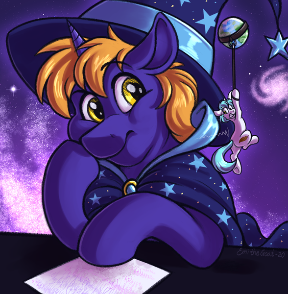 Size: 1208x1232 | Tagged: safe, artist:sugaryviolet, derpibooru import, oc, oc:snap fable, oc:star bright, unofficial characters only, pony, annoyed, bigger than a planet, desk, duo, duo male, facehoof, galaxy, hat, image, leash, macro, macro/micro, male, micro, paper, planet, png, purple background, scared, simple background, space, stallion, stars, tied up, wizard, wizard hat, wizard robe