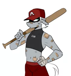 Size: 653x694 | Tagged: safe, artist:redxbacon, derpibooru import, oc, oc:single strike, unofficial characters only, anthro, bandage, baseball bat, belly button, breasts, clothes, delicious flat chest, female, floppy ears, image, midriff, png, reverse trap, solo, sports bra, tomboy