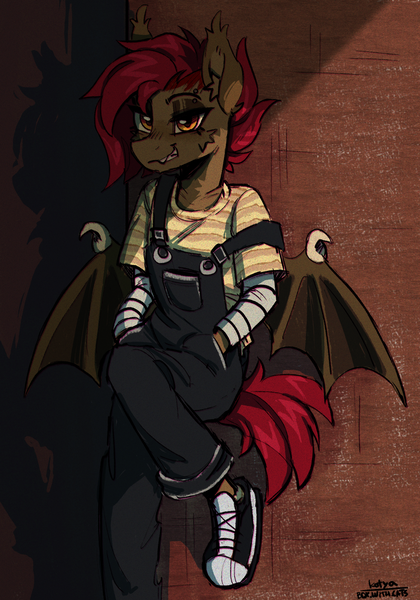 Size: 1400x2000 | Tagged: safe, artist:cherry_kotya, derpibooru import, oc, oc:kirsche sprengstoff, anthro, bat pony, bat pony oc, bat wings, clothes, converse, fangs, female, image, looking at you, overalls, png, shoes, solo, wings