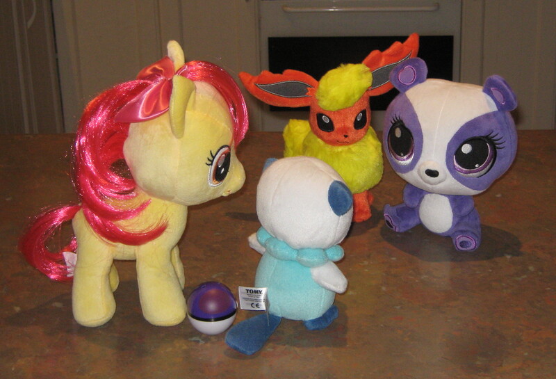 Size: 2509x1710 | Tagged: safe, artist:cheerbearsfan, derpibooru import, apple bloom, flareon, oshawott, image, irl, jpeg, littlest pet shop, master ball, penny ling, photo, plushie, pokéball, pokémon