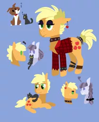 Size: 2310x2832 | Tagged: safe, artist:sandieapple, derpibooru import, applejack, inky rose, winona, cat, dog, earth pony, pegasus, pony, alternate hairstyle, anklet, blue background, bracelet, chest fluff, choker, ear piercing, earring, eyeshadow, female, flannel, freckles, goth, gothjack, grin, heart, image, inkyjack, jewelry, lesbian, makeup, mare, mouth hold, piercing, png, question mark, shipping, simple background, smiling, spiked choker, spiked wristband, wristband