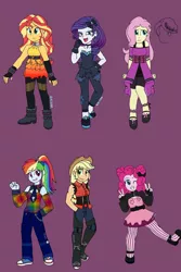 Size: 900x1347 | Tagged: safe, artist:fallenangel5414, derpibooru import, applejack, fluttershy, pinkie pie, rainbow dash, rarity, sunset shimmer, equestria girls, the other side, clothes, converse, humane five, image, jpeg, peace sign, purple background, shoes, simple background