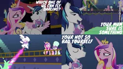 Size: 1986x1117 | Tagged: safe, derpibooru import, edit, edited screencap, editor:quoterific, screencap, princess cadance, princess flurry heart, rarity, shining armor, alicorn, pony, unicorn, best gift ever, :p, baby, baby pony, clothes, crown, diaper, eyes closed, food, glowing horn, gritted teeth, horn, image, jewelry, laser, magic, magic aura, open mouth, png, pudding, regalia, teeth, tongue out, trio, twilight's castle, winter outfit