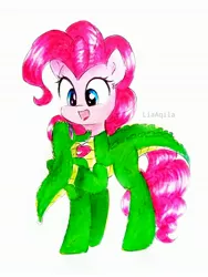 Size: 2194x2925 | Tagged: safe, artist:liaaqila, derpibooru import, gummy, pinkie pie, alligator, earth pony, pony, animal costume, clothes, costume, cute, diapinkes, image, jpeg, pet, simple background, solo, traditional art, white background