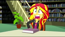 Size: 600x343 | Tagged: safe, derpibooru import, screencap, sunset shimmer, epic fails (equestria girls), eqg summertime shorts, equestria girls, cropped, image, open mouth, png, shocked expression