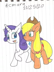 Size: 904x1208 | Tagged: safe, artist:cmara, derpibooru import, applejack, rarity, earth pony, pony, unicorn, applejack's hat, cowboy hat, eyeshadow, female, hat, image, jpeg, lesbian, makeup, open mouth, raised hoof, raised leg, rarijack, shipping, simple background, traditional art, white background