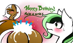 Size: 854x512 | Tagged: suggestive, artist:kshame, derpibooru import, oc, oc:dreamer skies, oc:yoshi ringo, pony, birthday, birthday cake, cake, d, female, females only, food, image, mare, one eye closed, png, rule 63, simple background, surprised, text