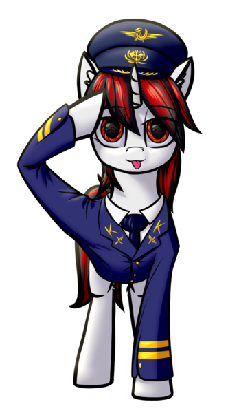 Size: 708x1278 | Tagged: safe, alternate version, artist:colourwave, derpibooru import, oc, oc:blackjack, unofficial characters only, pony, unicorn, fallout equestria, fallout equestria: project horizons, :p, aeroflot logo, broken anatomy, clothes, cute, cyber eyes, fanfic art, female, hammer and sickle, helicopter pilot, horn, image, looking at you, mlem, non canon, o7, pilot, png, salute, silly, simple background, solo, sticker, tongue out, transparent background, uniform