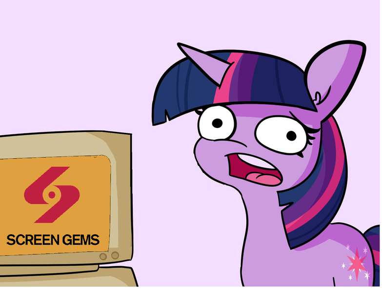 Size: 1287x986 | Tagged: safe, artist:tjpones, derpibooru import, edit, twilight sparkle, pony, unicorn, closing logo, computer, exploitable meme, faic, female, image, looking at you, mare, meme, open mouth, png, purple background, reaction image, screen gems, simple background, solo, twilight's computer, unicorn twilight, vanity plate