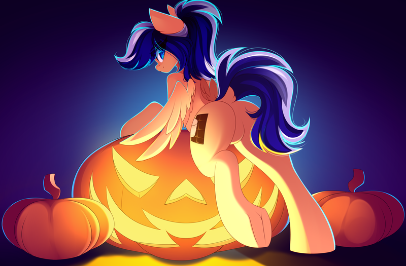 Size: 4002x2628 | Tagged: safe, alternate version, artist:airiniblock, derpibooru import, oc, oc:animatedpony, unofficial characters only, pegasus, pony, dock, featureless crotch, halloween, holiday, image, jack-o-lantern, pegasus oc, png, pumpkin, rcf community, wings