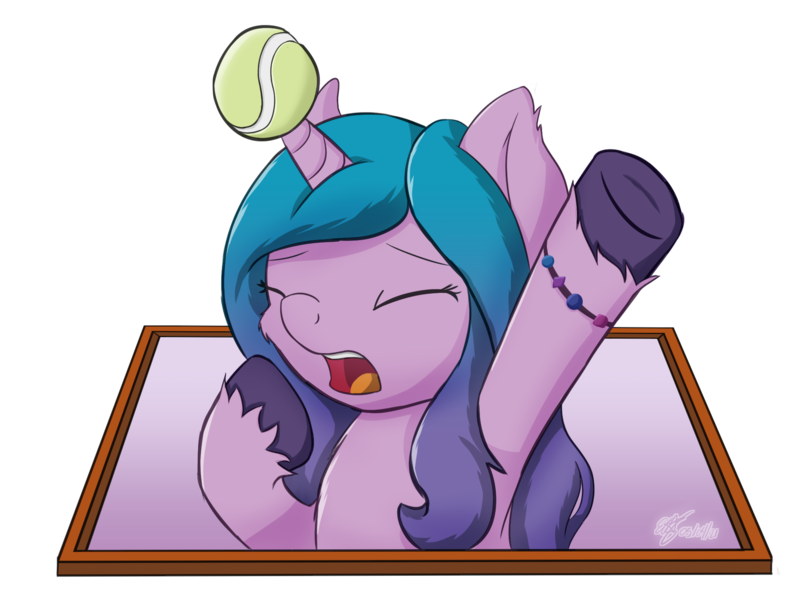 Size: 2048x1536 | Tagged: safe, artist:icy wings, derpibooru import, izzy moonbow, pony, unicorn, ball, bracelet, eyes closed, female, g5, horn, horn impalement, hornball, image, izzy's tennis ball, jewelry, mare, open mouth, png, simple background, solo, stretching, tennis ball, transparent background, unshorn fetlocks, yawn