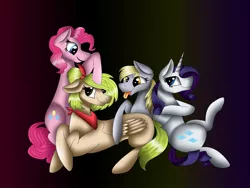 Size: 1080x810 | Tagged: safe, artist:rxndxm.artist, derpibooru import, derpy hooves, pinkie pie, rarity, oc, earth pony, pegasus, pony, unicorn, :p, abstract background, female, image, jpeg, lying down, mare, neckerchief, pegasus oc, prone, sitting, smiling, tongue out, wings